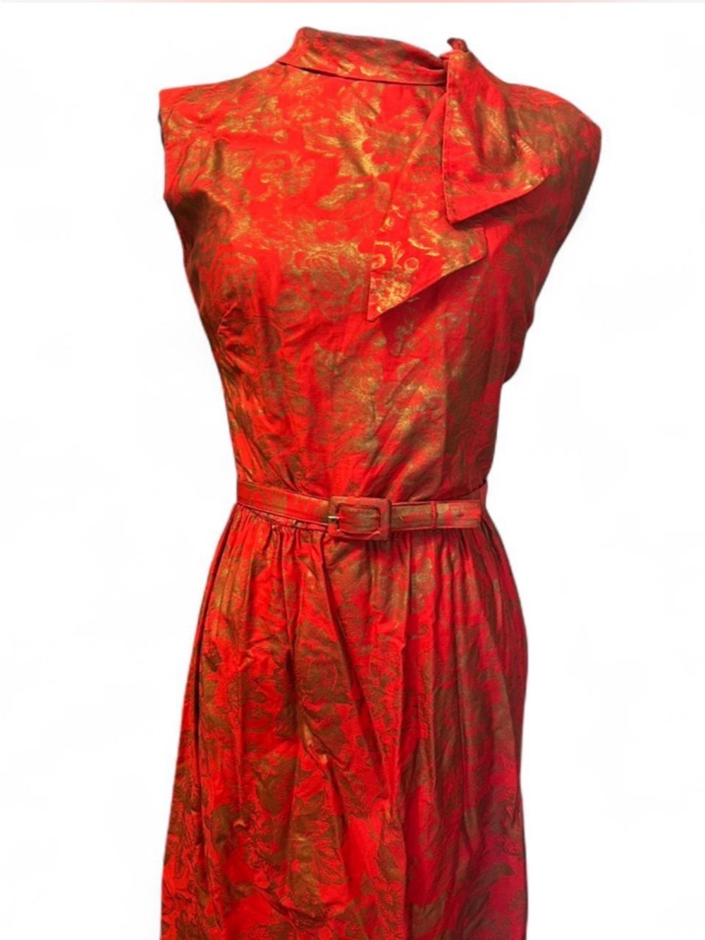 Vintage 1950s Red and Gold Floral Brocade Dress with Matching Belt